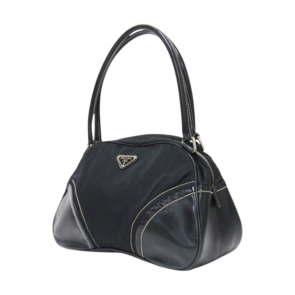 PRADA bag, black nylon and leather, mini Boston handbag, shoulder triangle st...